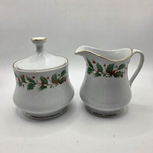 China Pearl Noel Fine China Sugar Bowl and Creamer Set Holly Berry Gold Rim